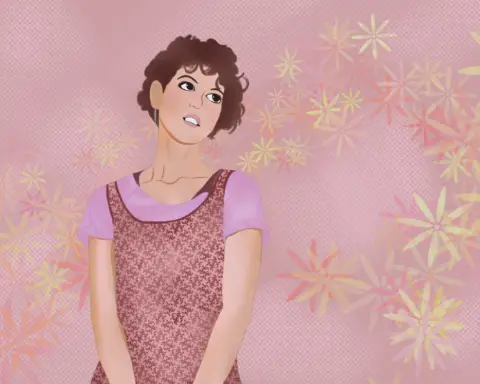 Illustration of Molly Ringwald in pink with flowered background.