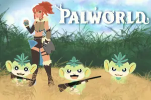 A young woman in hunter's garb with red hair stands stoically against a jungle background, clutching an aquamarine orb decked in gold ornamentation. She is surrounded by a trio of green monkeys with excited (and perhaps sadistic) looks on their faces, two of them holding hunting rifles while the third looks forward menacingly. As the quartet are arranged against the skyline, a field of golden grain sprouts up around their feet.