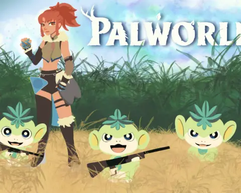 A young woman in hunter's garb with red hair stands stoically against a jungle background, clutching an aquamarine orb decked in gold ornamentation. She is surrounded by a trio of green monkeys with excited (and perhaps sadistic) looks on their faces, two of them holding hunting rifles while the third looks forward menacingly. As the quartet are arranged against the skyline, a field of golden grain sprouts up around their feet.