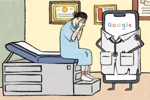 A man in a blue gown with slick-backed hair sits on an examination table in a doctor's office adorned with diplomas, his sock adorned feet lying flat on a metal foot stool. Dr. Google is facing him, having clearly delivered terrible news based on his guarded posture, hands buried in his pockets; also, the fact that the man has broken down in tears and buried his face in his hands.