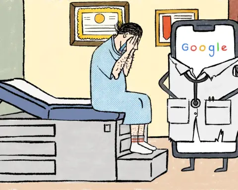 A man in a blue gown with slick-backed hair sits on an examination table in a doctor's office adorned with diplomas, his sock adorned feet lying flat on a metal foot stool. Dr. Google is facing him, having clearly delivered terrible news based on his guarded posture, hands buried in his pockets; also, the fact that the man has broken down in tears and buried his face in his hands.