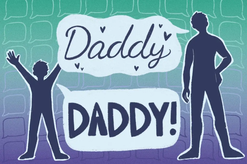 In this article -- about how slang words like "Mommy" and "Daddy" represent decades of cultural and social development -- two shaded figures, a boy and a young man, exclaim the word "Daddy!" in front of a blue and green background with message icons on it. The boy's version is blocky and bold, with an exclamation attached; the man's is curved and luscious, hearts fluttering around it. The boy is holding his arms up in excitement, while the man is leaning on his hip in a seductive manner.
