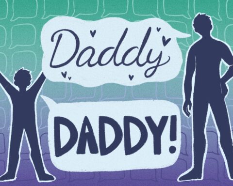 In this article -- about how slang words like "Mommy" and "Daddy" represent decades of cultural and social development -- two shaded figures, a boy and a young man, exclaim the word "Daddy!" in front of a blue and green background with message icons on it. The boy's version is blocky and bold, with an exclamation attached; the man's is curved and luscious, hearts fluttering around it. The boy is holding his arms up in excitement, while the man is leaning on his hip in a seductive manner.