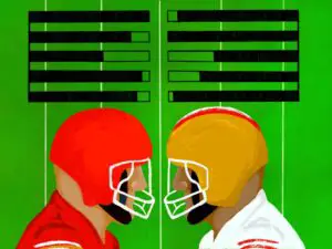 In this article, about the upcoming face-off between the Kansas City Chiefs and San Francisco 49ers at the Super Bowl, two players stare off against each on a green background with white stripes. The player on the left wears a red helmet and jersey, the player on the right a yellow helmet and white jersey, whilst bars hover over their heads. They are filled in at different intervals, showcasing their statistics to onlookers.