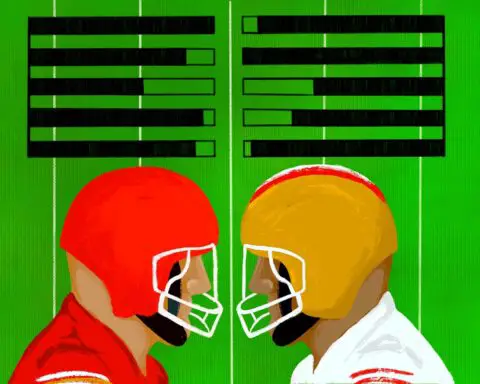 In this article, about the upcoming face-off between the Kansas City Chiefs and San Francisco 49ers at the Super Bowl, two players stare off against each on a green background with white stripes. The player on the left wears a red helmet and jersey, the player on the right a yellow helmet and white jersey, whilst bars hover over their heads. They are filled in at different intervals, showcasing their statistics to onlookers.