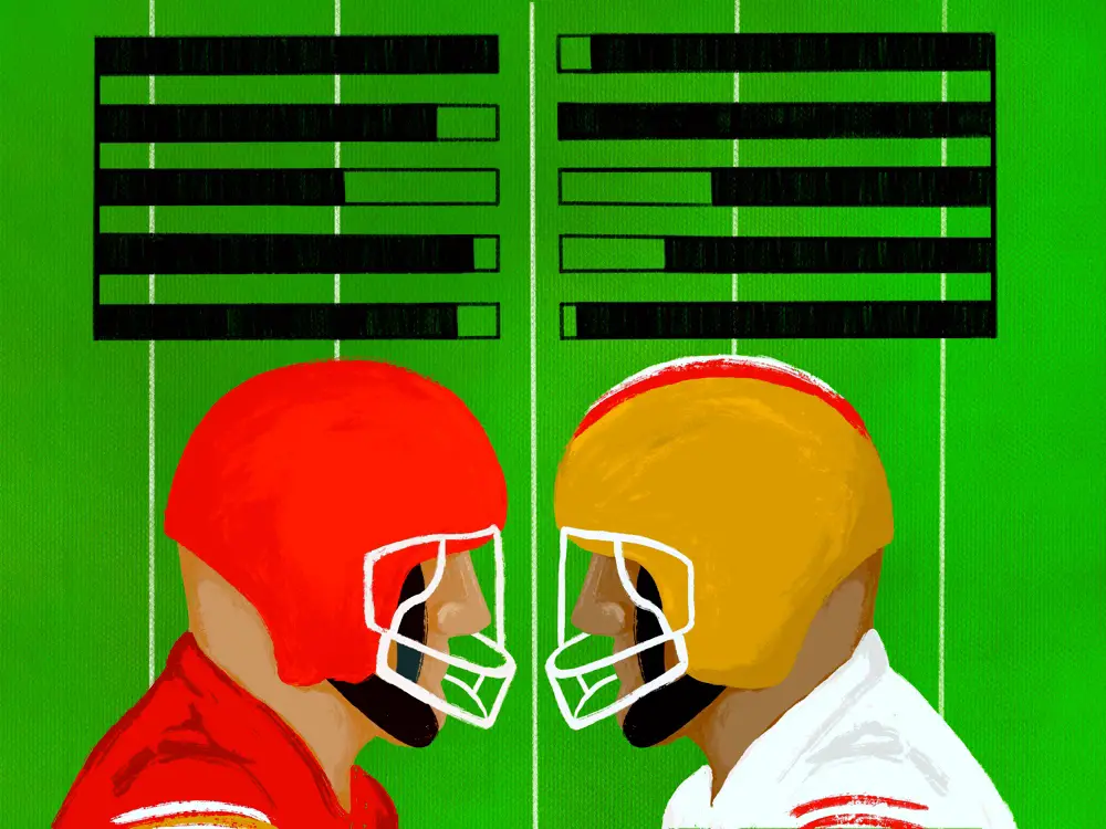 In this article, about the upcoming face-off between the Kansas City Chiefs and San Francisco 49ers at the Super Bowl, two players stare off against each on a green background with white stripes. The player on the left wears a red helmet and jersey, the player on the right a yellow helmet and white jersey, whilst bars hover over their heads. They are filled in at different intervals, showcasing their statistics to onlookers.
