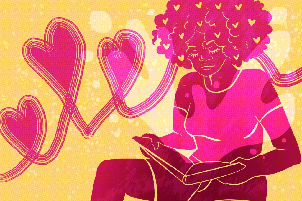 Black woman reading book with hearts around her.