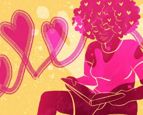 Black woman reading book with hearts around her.