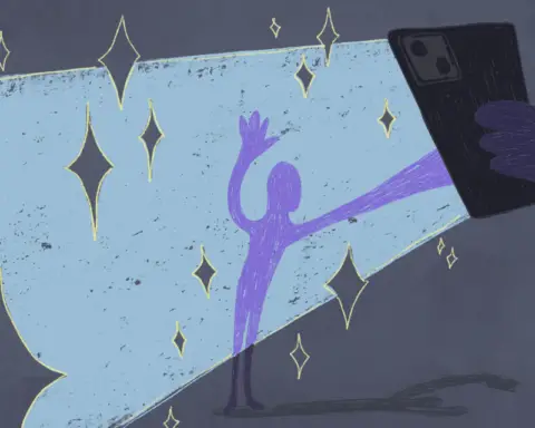 In this article, about how social media challenges can help users progress on important self-development goals, a purple figure is waving at a black smartphone. It casts a chalk-like blue light against the figure and the dark background, as grey stars twinkle around the space.