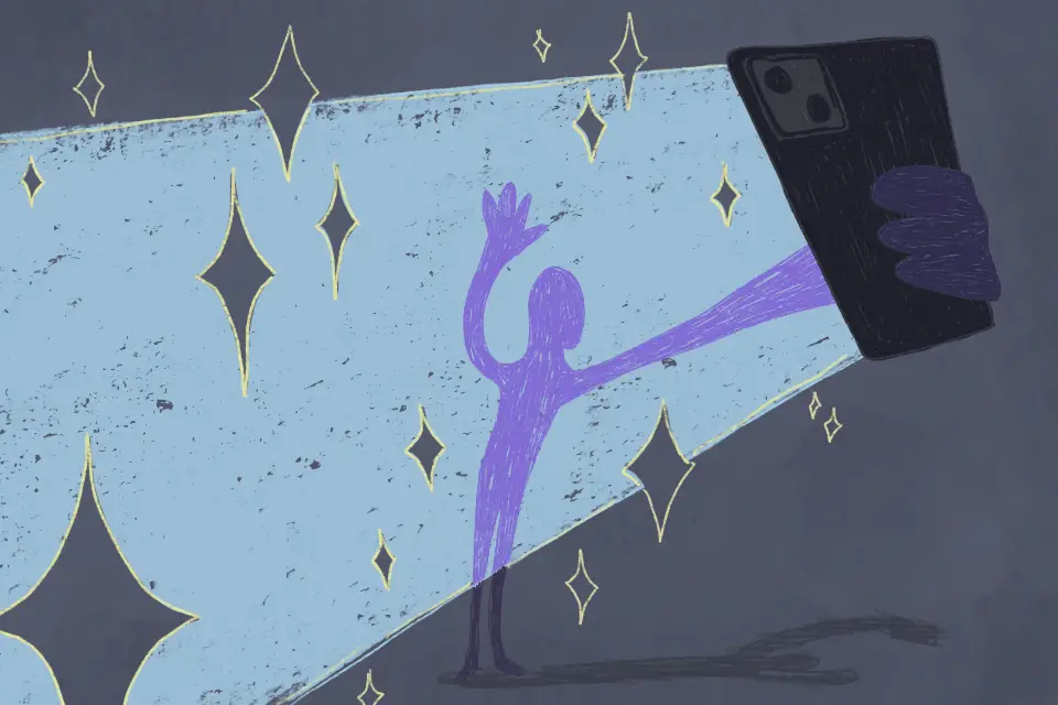 In this article, about how social media challenges can help users progress on important self-development goals, a purple figure is waving at a black smartphone. It casts a chalk-like blue light against the figure and the dark background, as grey stars twinkle around the space.