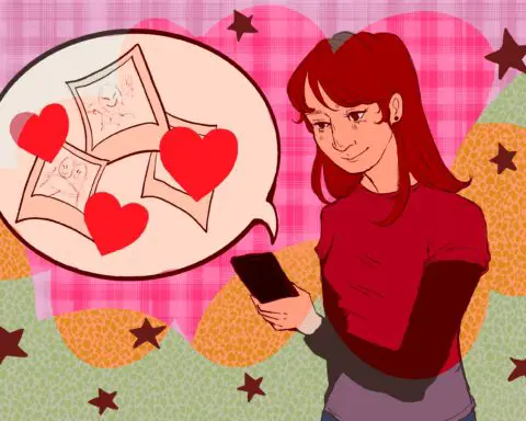 In this article -- about how sites like TikTok are enabling new ways of preserving memories like a digital scrapbook -- a girl with a red shirt and hair is smiling at posts on her iphone against a blended background of pink, orange and green, dotted with brown stars. A speech bubble extends from the phone, containing old photographs and hearts, representing the memories found in the posts therein.