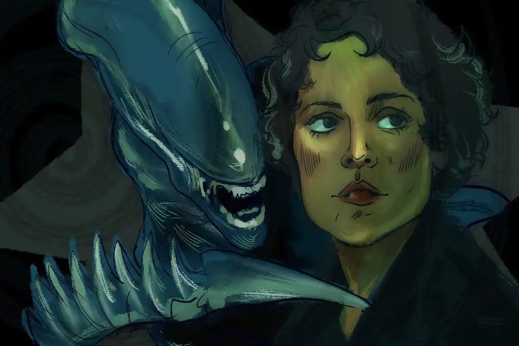 In this article, about what Ridley Scott's classic film "Alien" says about society's relationship with young women, two figures sit against a dark background. A young woman with olive skin and dark hair gazes absent-mindedly in the distance. A xenomorph hovers over her shoulder, baring its teeth in a snarl, as its sharp, knife-like tail looms over her shoulder. Green light of a rather pallor variant shines over their skin, like the light of an emergency alarm.