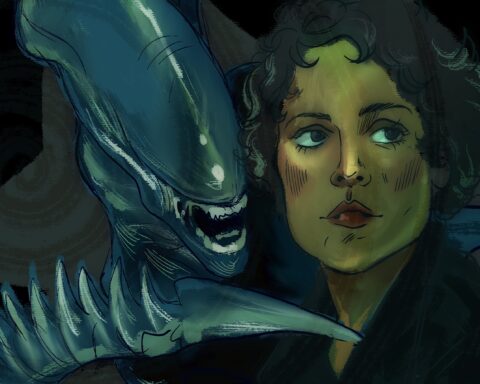 In this article, about what Ridley Scott's classic film "Alien" says about society's relationship with young women, two figures sit against a dark background. A young woman with olive skin and dark hair gazes absent-mindedly in the distance. A xenomorph hovers over her shoulder, baring its teeth in a snarl, as its sharp, knife-like tail looms over her shoulder. Green light of a rather pallor variant shines over their skin, like the light of an emergency alarm.