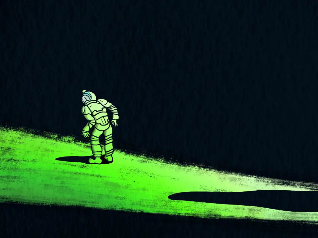 An astronaut cast in a green glow stands a green pane projected onto a black background. They are covertly peeking behind them, their eyes visible in the glass mask at some unknown figure, said figure's shadow fluidly creeping along the green path like ink.