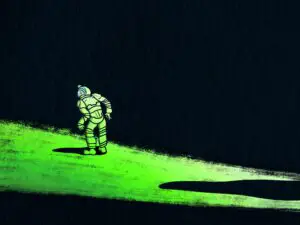 An astronaut cast in a green glow stands a green pane projected onto a black background. They are covertly peeking behind them, their eyes visible in the glass mask at some unknown figure, said figure's shadow fluidly creeping along the green path like ink.