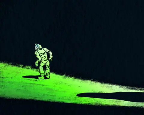 An astronaut cast in a green glow stands a green pane projected onto a black background. They are covertly peeking behind them, their eyes visible in the glass mask at some unknown figure, said figure's shadow fluidly creeping along the green path like ink.