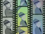 The image of a man in a suit and hat with a dark tie repeats through sets of images descending in three film strips, each of which is in imperfect alignment with each other. The first man is in a grey strip, reaching to touch the shoulder of his clone in a green strip, who in turn is staring at his copy in a blue strip, as if they are in a cycle repeating endlessly through time.