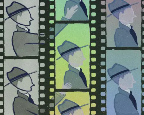 The image of a man in a suit and hat with a dark tie repeats through sets of images descending in three film strips, each of which is in imperfect alignment with each other. The first man is in a grey strip, reaching to touch the shoulder of his clone in a green strip, who in turn is staring at his copy in a blue strip, as if they are in a cycle repeating endlessly through time.