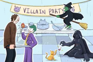 A variety of classic villains at a party together.