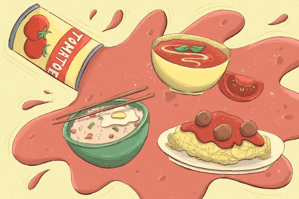 A smattering of dishes or thrown against a yellow background. Spaghetti with three brown meatballs meatballs, tomato soup in a yellow bowl and ramen in a green bowl are cast on a tilt, an illusion of a ramshackle placement, whilst goopy red juice spills out from a yellow can with tomatoes on it, behind the dishes and onto the background into a watery puddle.