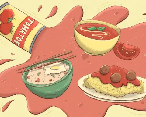 A smattering of dishes or thrown against a yellow background. Spaghetti with three brown meatballs meatballs, tomato soup in a yellow bowl and ramen in a green bowl are cast on a tilt, an illusion of a ramshackle placement, whilst goopy red juice spills out from a yellow can with tomatoes on it, behind the dishes and onto the background into a watery puddle.