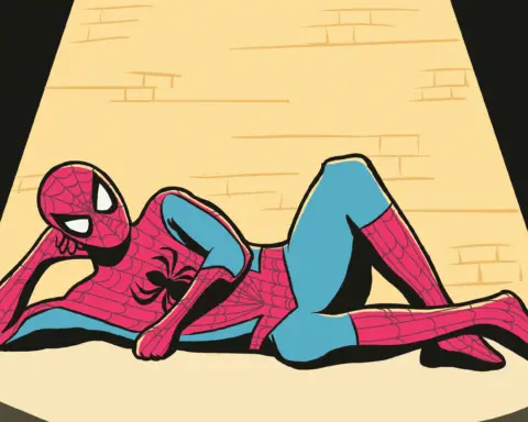 Illustration of Spider Man laying posed on his side.