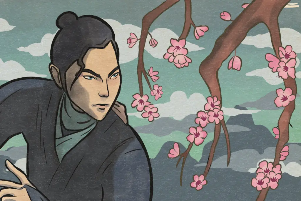 A woman with black hair and blue eyes stares intently at a tree of pink cherry blossoms, as her body -- dressed in a navy robe -- is positioned in what appears to be a dueling stance. The scene occurs on a mountain range, beneath a green sky beneath in thick grey clouds, rendered in a lithograph-like texture.