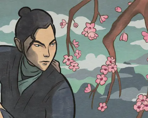 A woman with black hair and blue eyes stares intently at a tree of pink cherry blossoms, as her body -- dressed in a navy robe -- is positioned in what appears to be a dueling stance. The scene occurs on a mountain range, beneath a green sky beneath in thick grey clouds, rendered in a lithograph-like texture.