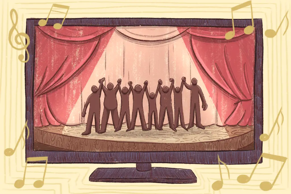 Illustration of actors on a theatre stage getting ready to bow.