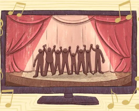 Illustration of actors on a theatre stage getting ready to bow.