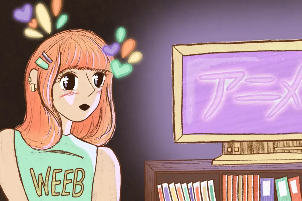 Person with "weeb" shirt watching Japanese television.