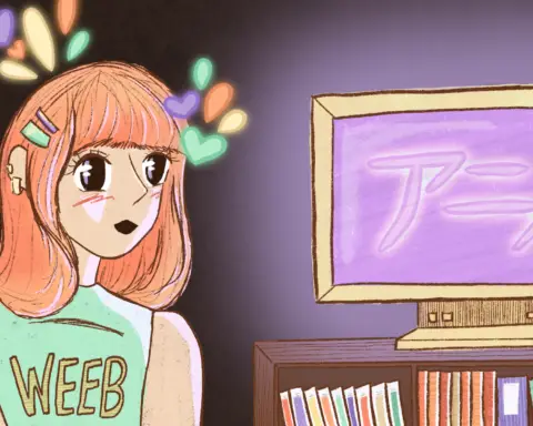 Person with "weeb" shirt watching Japanese television.