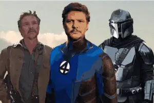 Pedro Pascal's characters lined up with clouds in background.