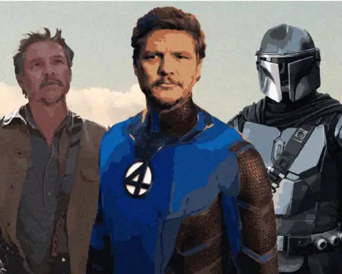 Pedro Pascal's characters lined up with clouds in background.