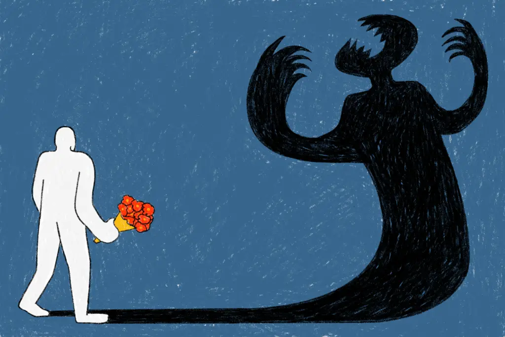 A white figure is seen approaching a black shadow-beast stretching out onto a blue background with white scratches. The beast lashes out in a hostile display, fangs bared, needle-like claws drawn and held up in a slicing gesture, whilst the white figure offers it red flowers tied in yellow paper as a sign of peace -- a perhaps healing.