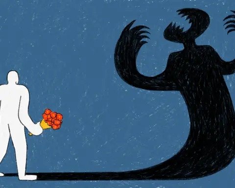 A white figure is seen approaching a black shadow-beast stretching out onto a blue background with white scratches. The beast lashes out in a hostile display, fangs bared, needle-like claws drawn and held up in a slicing gesture, whilst the white figure offers it red flowers tied in yellow paper as a sign of peace -- a perhaps healing.