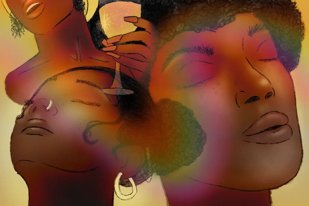 The heads of three women with dark skin float against a yellow void. Most of them are disconnected from their bodies, free floating -- except for one whose hand holds a sparkling orange drink -- against an ethereal rainbow glow with transcendent looks on their faces, creating a sublime effect.