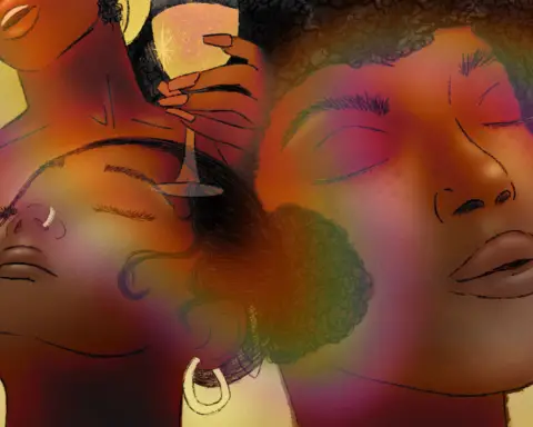 The heads of three women with dark skin float against a yellow void. Most of them are disconnected from their bodies, free floating -- except for one whose hand holds a sparkling orange drink -- against an ethereal rainbow glow with transcendent looks on their faces, creating a sublime effect.