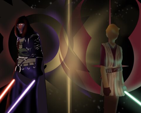 Two robed figures with swords stand against a black background bisected in half by a golden glow, framed by red symbols. The figure to the right is dressed in light robes, has a blue sword and blond hair; his symbol is round and curved. The figure to the right is dressed in dark robes, has two blade -- red and purple -- and a mask; his symbol is squared and point.