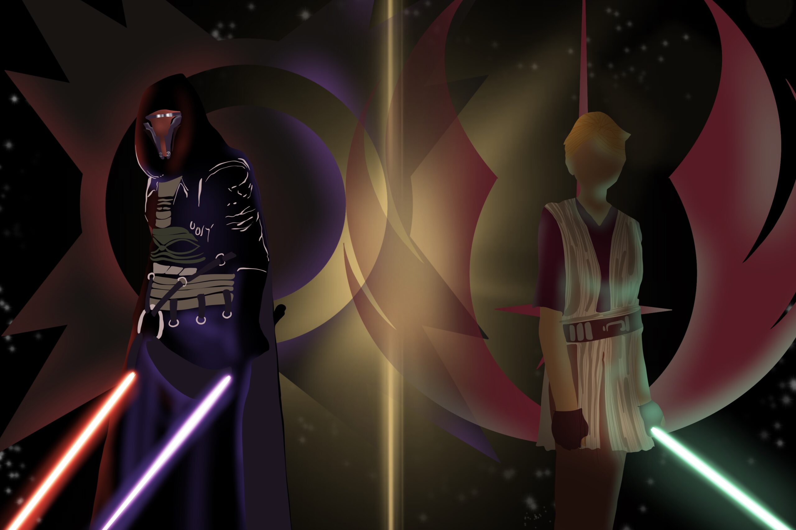 Two robed figures with swords stand against a black background bisected in half by a golden glow, framed by red symbols. The figure to the right is dressed in light robes, has a blue sword and blond hair; his symbol is round and curved. The figure to the right is dressed in dark robes, has two blade -- red and purple -- and a mask; his symbol is squared and point.