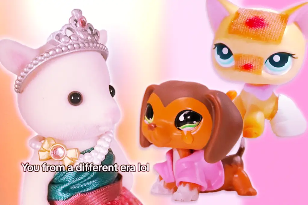 Calico Cats and Littlest Pet Shop figurines dressed in dresses.
