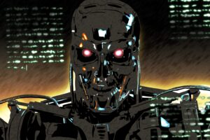 The terminator with its robotic features in detail.