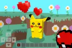 An unseen figure holding a red and white ball stares down a yellow, rabbit-like creature with black-tipped ears and red dots on its cheeks. The entire world is rendered in blocks, the scene set on a hill of green grass and brown dirt, dotted with daisies and violets, a blue sky in the background. Red, pixelated hearts float above the creature, with an arrow pad and line of squares lining the bottom.