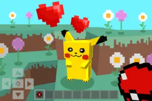 An unseen figure holding a red and white ball stares down a yellow, rabbit-like creature with black-tipped ears and red dots on its cheeks. The entire world is rendered in blocks, the scene set on a hill of green grass and brown dirt, dotted with daisies and violets, a blue sky in the background. Red, pixelated hearts float above the creature, with an arrow pad and line of squares lining the bottom.