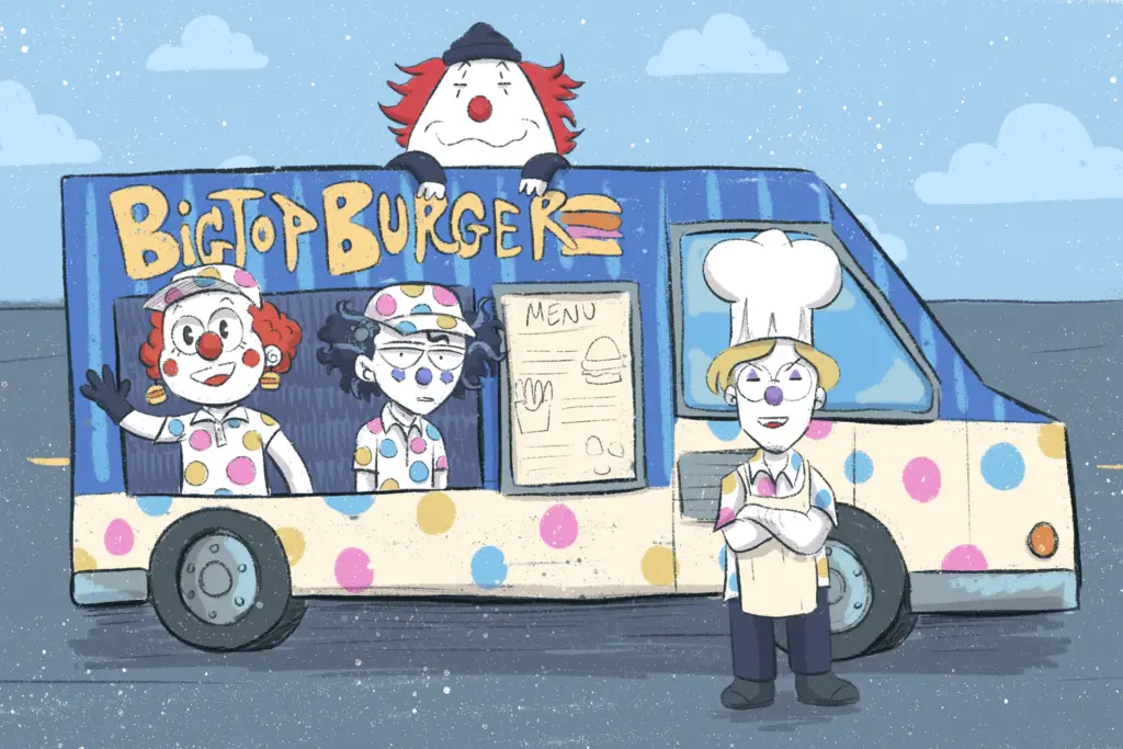 Cartoon clowns in "BigTop Burger" food truck.
