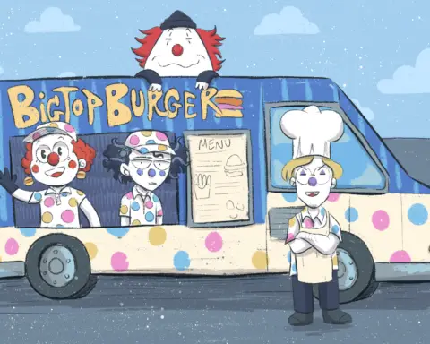 Cartoon clowns in "BigTop Burger" food truck.