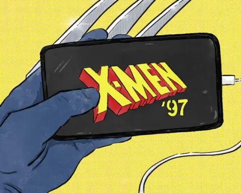 A hand in a blue glove with metal claws poking holds an iPhone against a yellow background. The phone is displaying a logo cast in bold yellow and red font -- most likely the newest piece of X-Men media grabbing his attention -- while a white cord is plugged into some unseen outlet offstage, presumably to keep the phone charged and running as he watches.