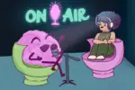 An animated brain with a podcaster in front of an "On Air" sign.