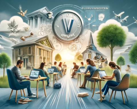 Imagine a modern, digital classroom scene embodying the spirit of VU Online University. In the foreground, a diverse group of students are engaged in