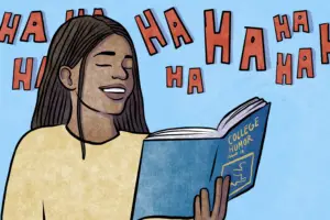 Student laughing at college humor magazine she is reading.
